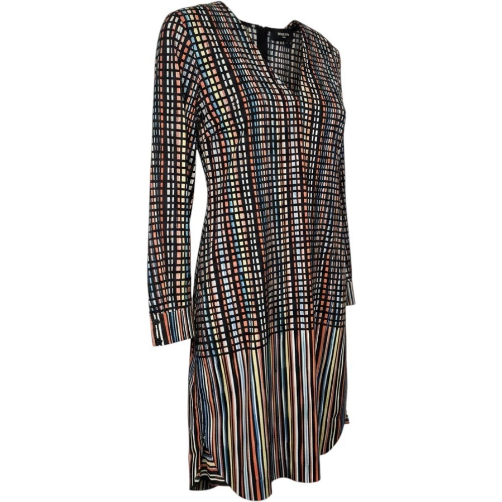 Paule Ka Paris MultiColor Geometric Stripe VNeck Shift Dress Size 44 Long Sleeve